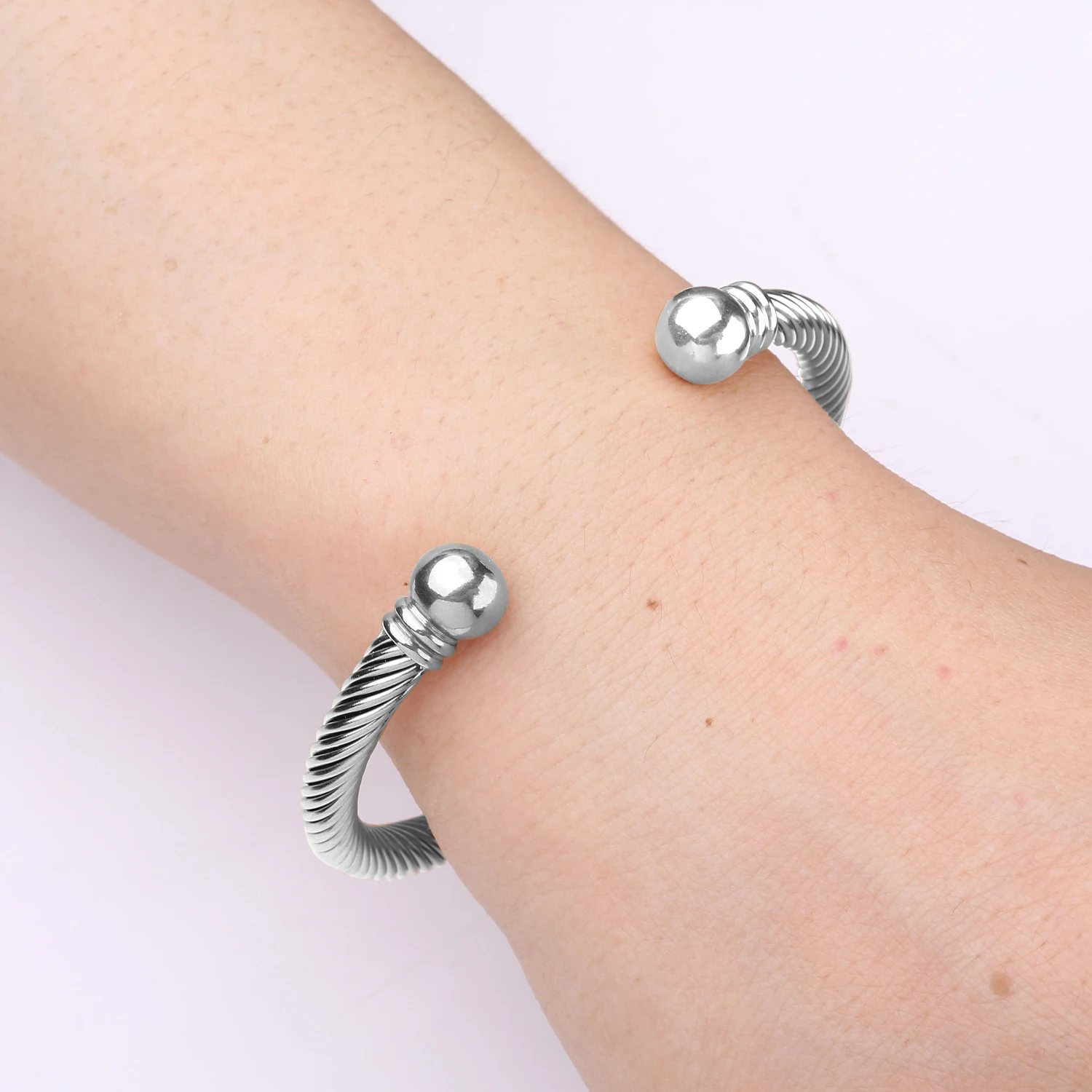 Stainless Steel Twisted Cable Wire Bracelets C-Shaped Adjustable Cuff Bangle Bracelet for Women Girls
