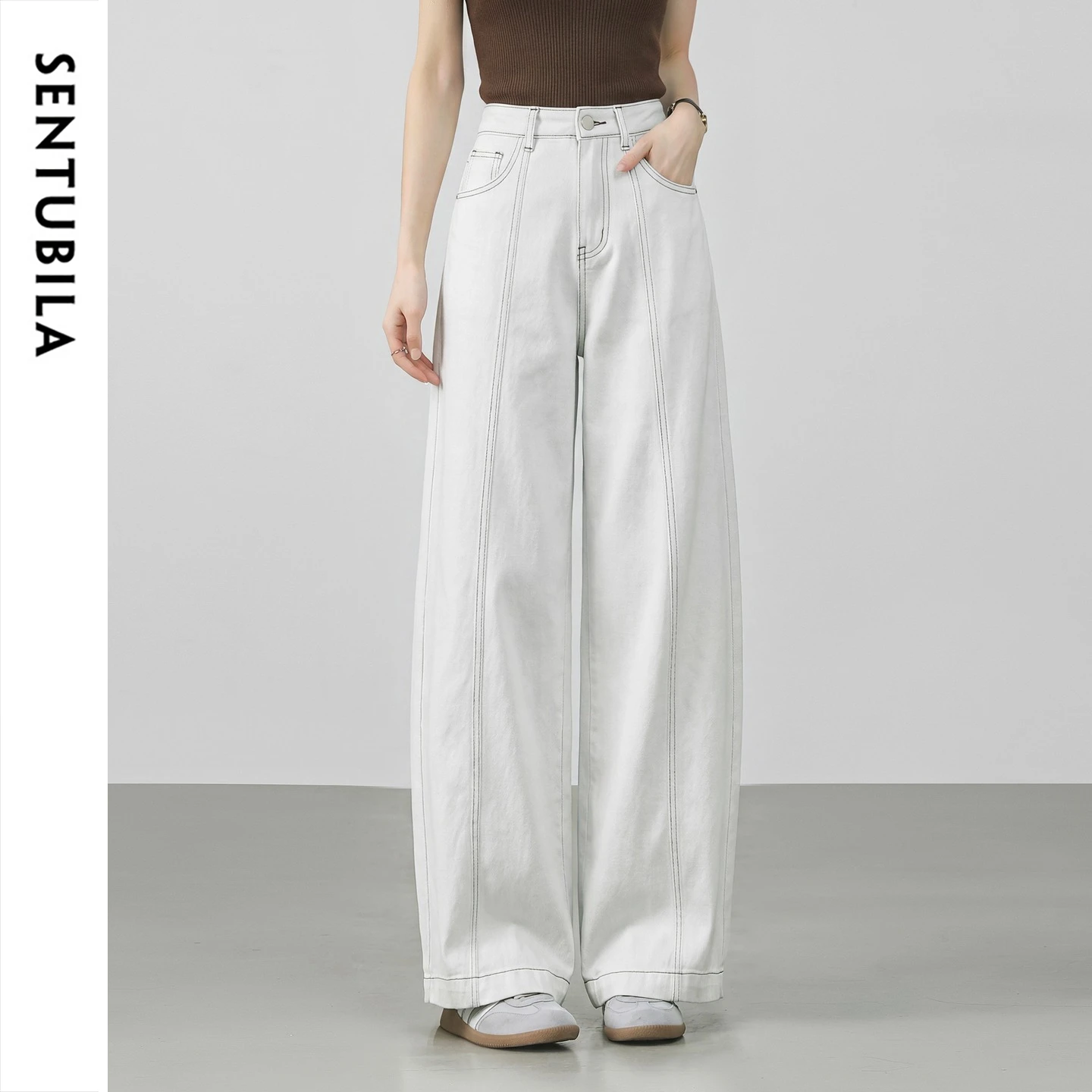 SENTUBILA Women High Waist Retro Denim Jeans 2026 Ladies Contrast Stitch Wide Leg Curved Leg Pants Woman Denim Trouser W63NH8360