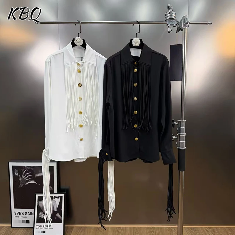 

KBQ Solid Spliced Button Loose Design Sense T Shirt for Women Lapel Long Sleeeve Temperament T Shirt Female Fashion Style New