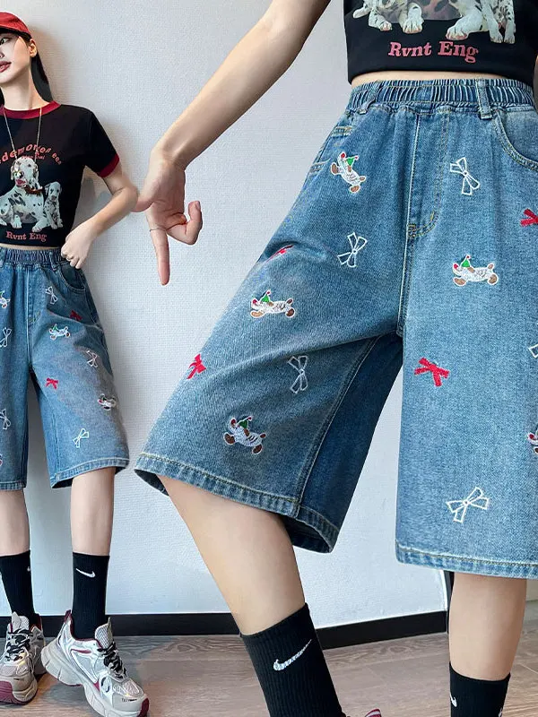 High Waist Straight Leg Embroidered Denim Shorts Loose Fit Conceal Flattering plus Size Women's Casual Pants Summer 2026