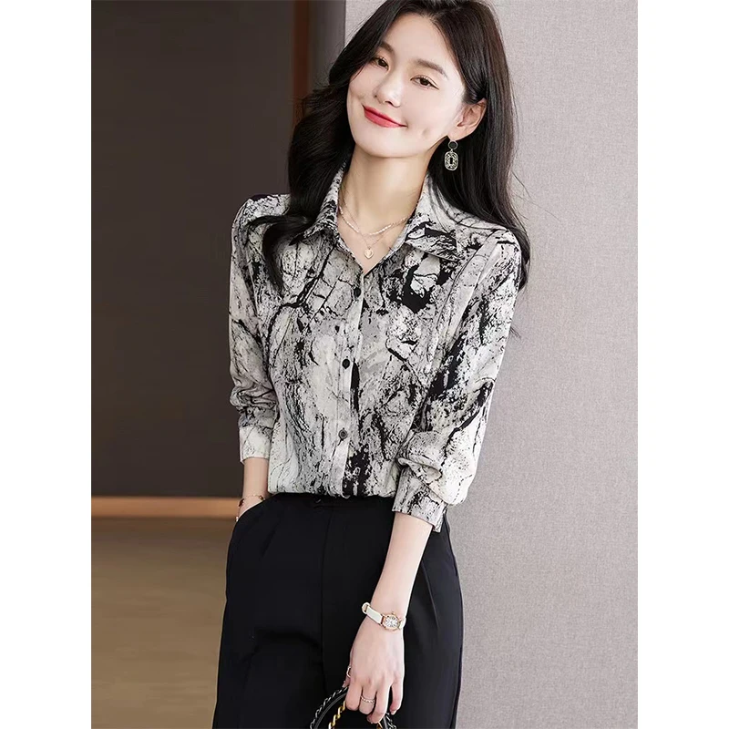 Women Spring Korean Loose Fashion printing Appear thin Polo-Neck Long sleeve Shirts women clothes Casual All-match Chiffon tops