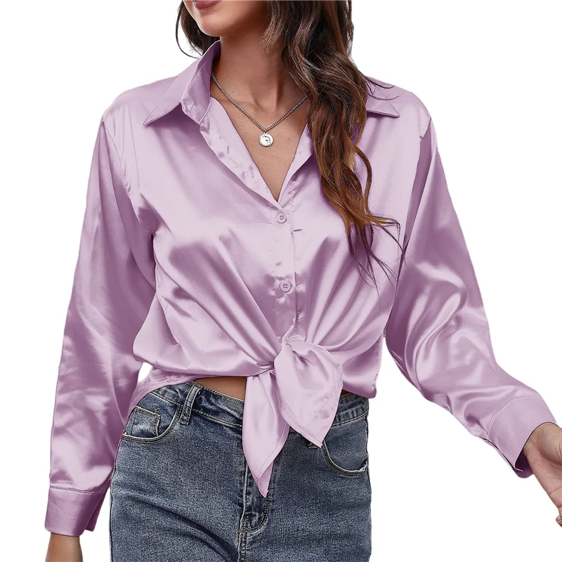 

ABP-Women's Satin Button Down V-Neck Long Sleeve Tops Summer Silk Blouses Fashion Spring Shirt 2025