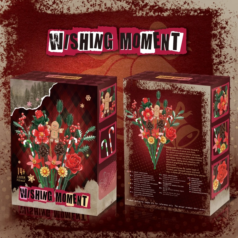 865PCS Creative Christmas Roses Bouquet Building Blocks Set Gingerbread Dolls Assembly Model Kit Christmas Birthday Gifts Toy