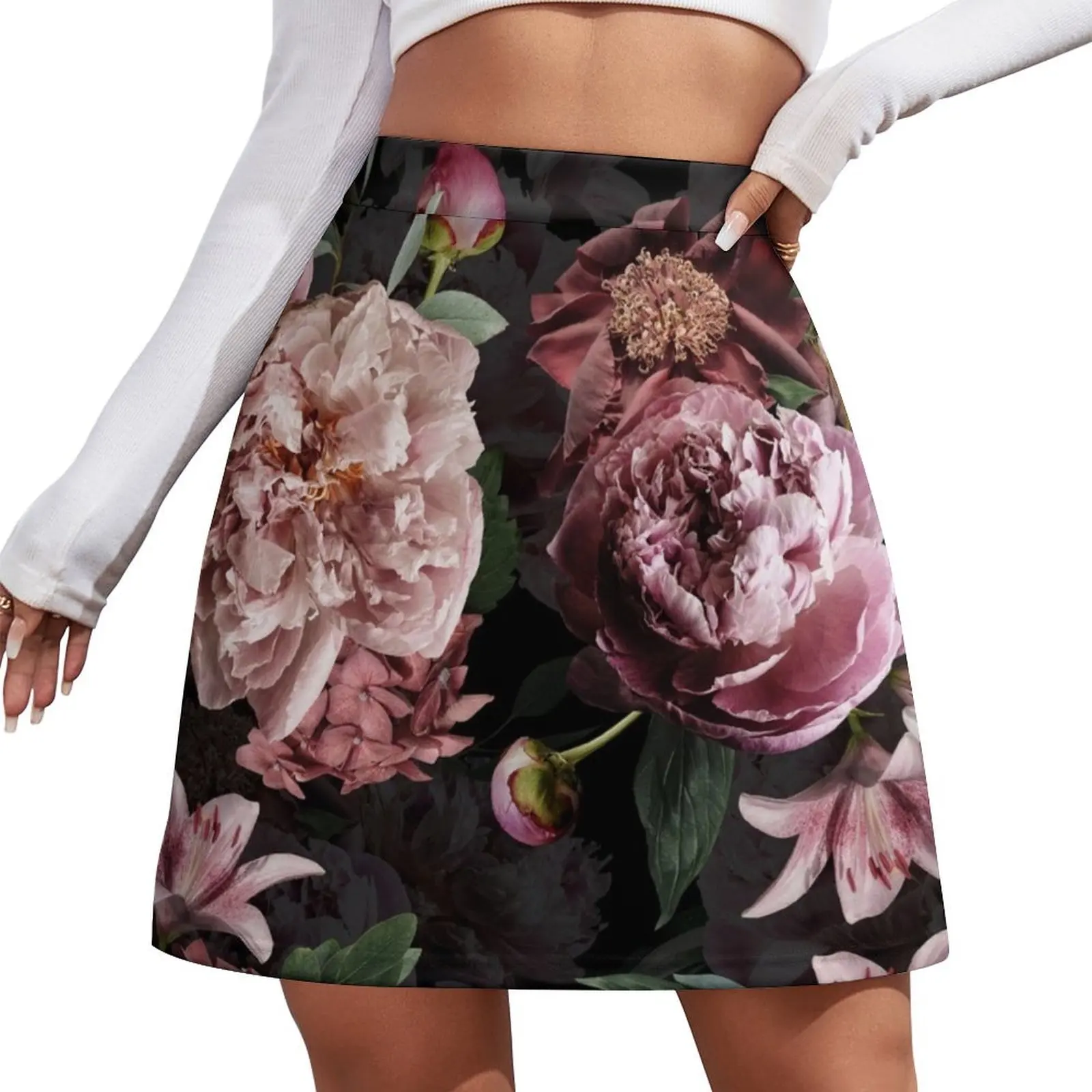 Blush Peonies On Black Real flowers Botanical Night Garden Pattern Mini Skirt short skirts for women Korean skirts