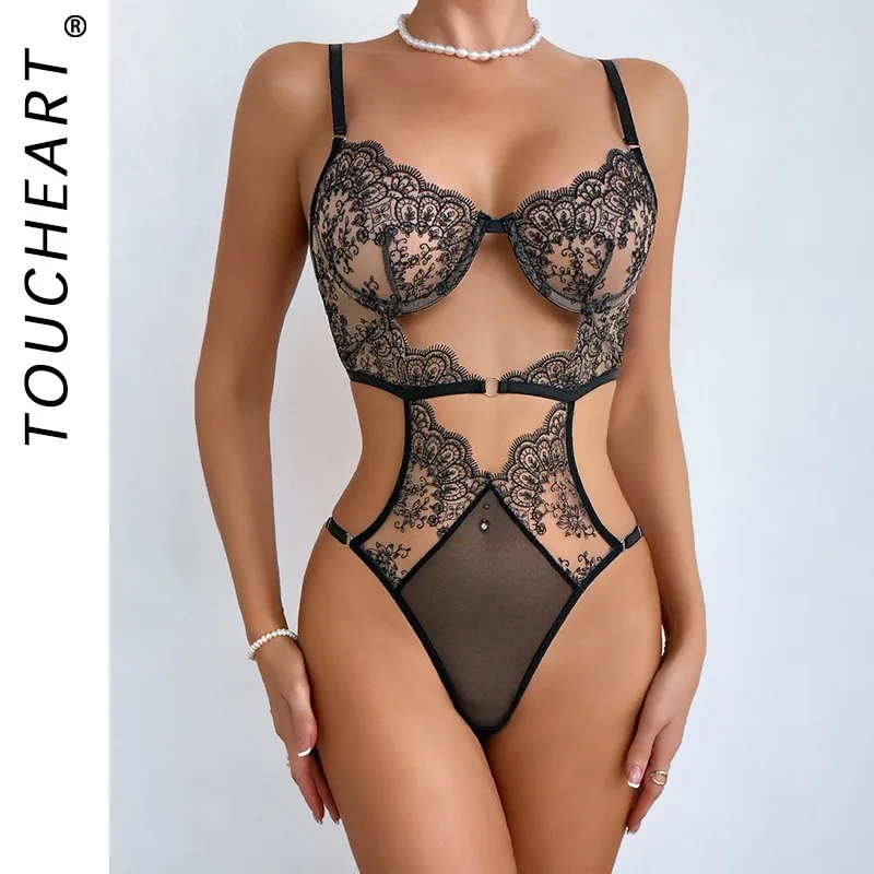

Toucheart с принтом и вышивкой, кружевное прозрачное сексуальное интересное лоскутное нижнее белье с открытой спиной, тонкий сексуальный комплект с высокой талией
