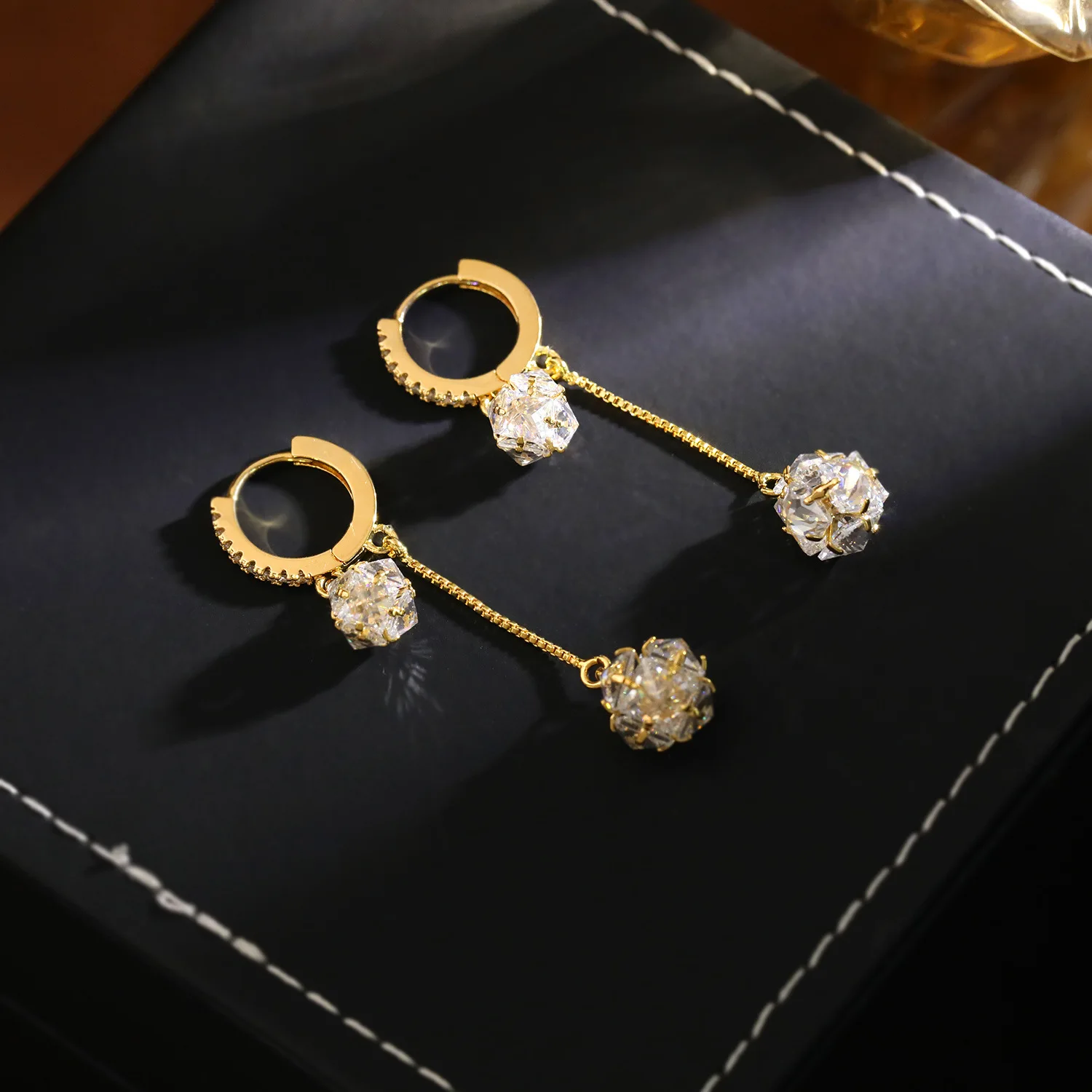 High End Long Drop Earrings for Women Elegant Shiny Cubic Zirconia Ball Tassel Ear Clips Delicate Versatile Bulk Wholesale