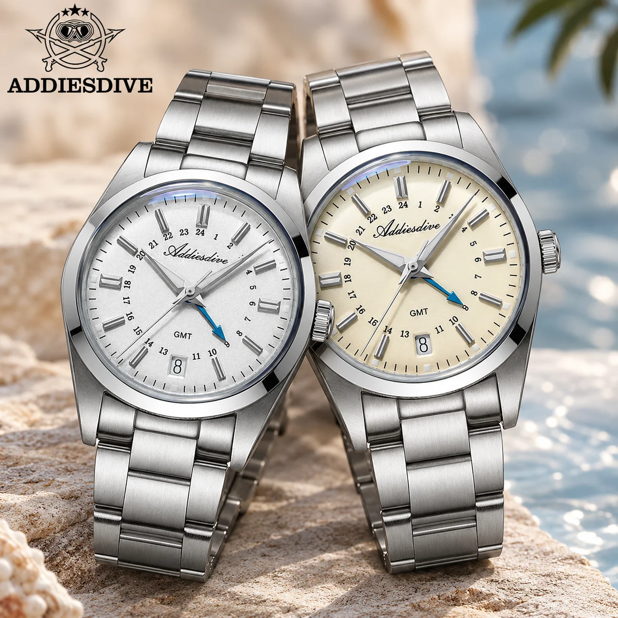 ADDIESDIVE 36MM GMT Watch Swiss Ronda 515-24H Stainless Steel Watches for Women 10Bar Waterproof Bubble Mirror Glass Wristwatch
