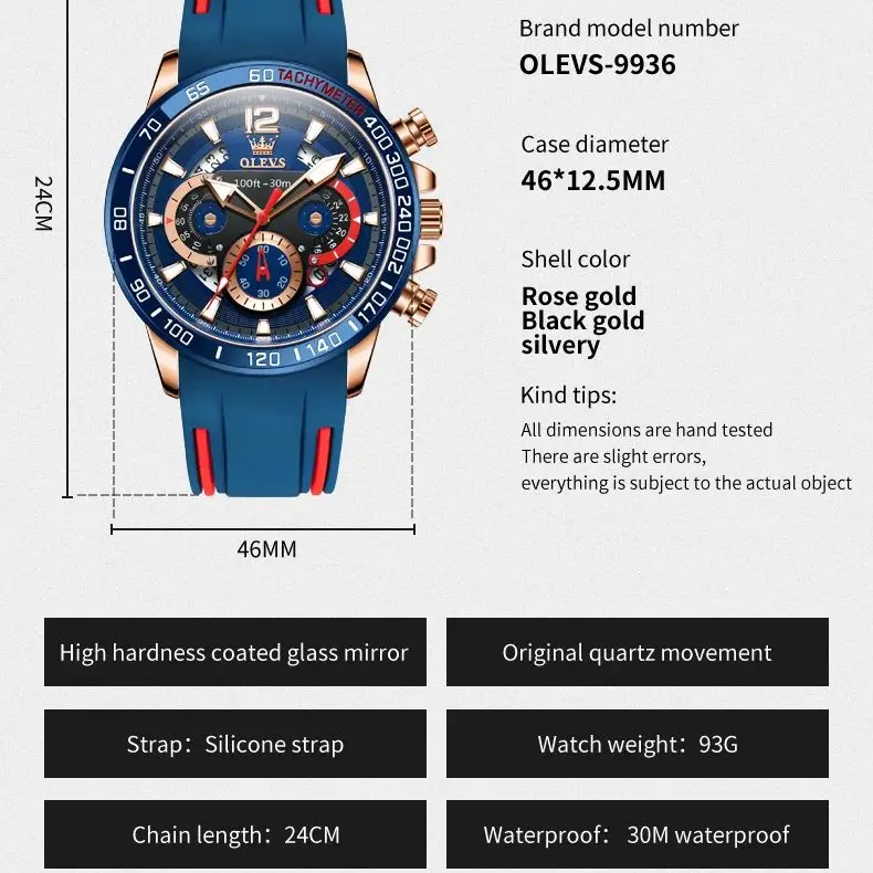 OLEVS 9936 Men\'s Quartz Watch Fashionable Sports Waterproof Rubber Strap Luxury Business Date Week Chronograph Watch Men\'s Watch