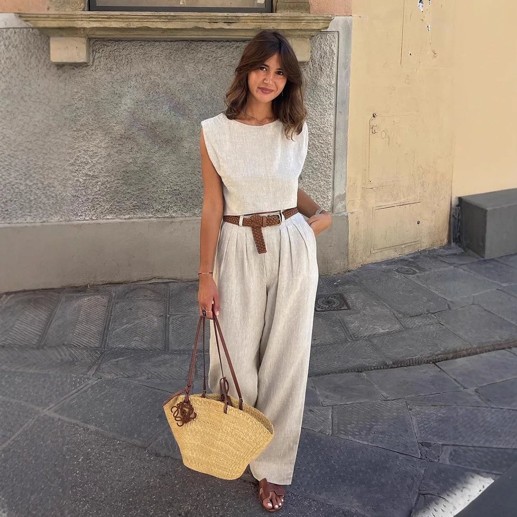 

Cotton Linen Holiday Two Piece Outfits Women Elegant Crop Top and Pant Sets Summer Casual Solid Beach Vacation Matching Set 2025