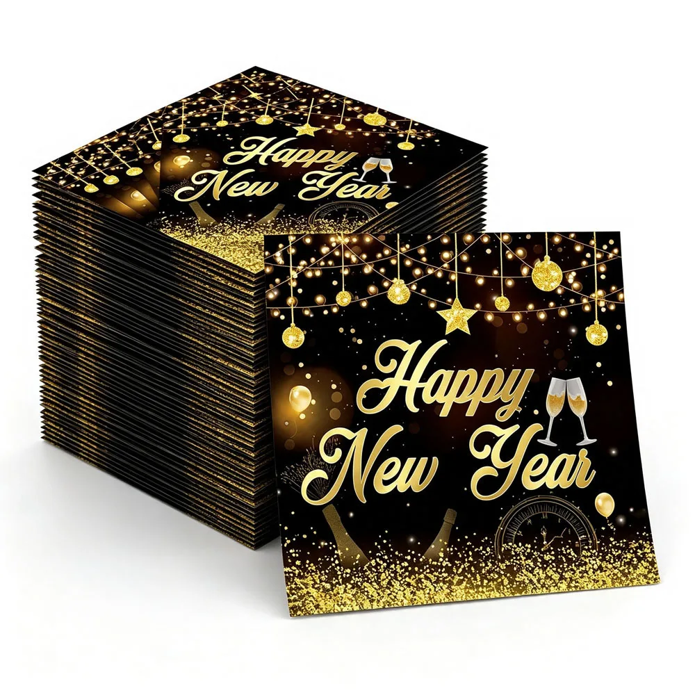 20-100pcs Happy New Year Paper Napkins Black Gold Disposable Cocktail Tissues 2027 New Year Eve Party Table Decor Supplies