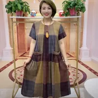 Summer Cotton Linen Dress with Double Pockets Large Size plus Size for Women over 50 Floral Print Comfortable Elderly Women Dres