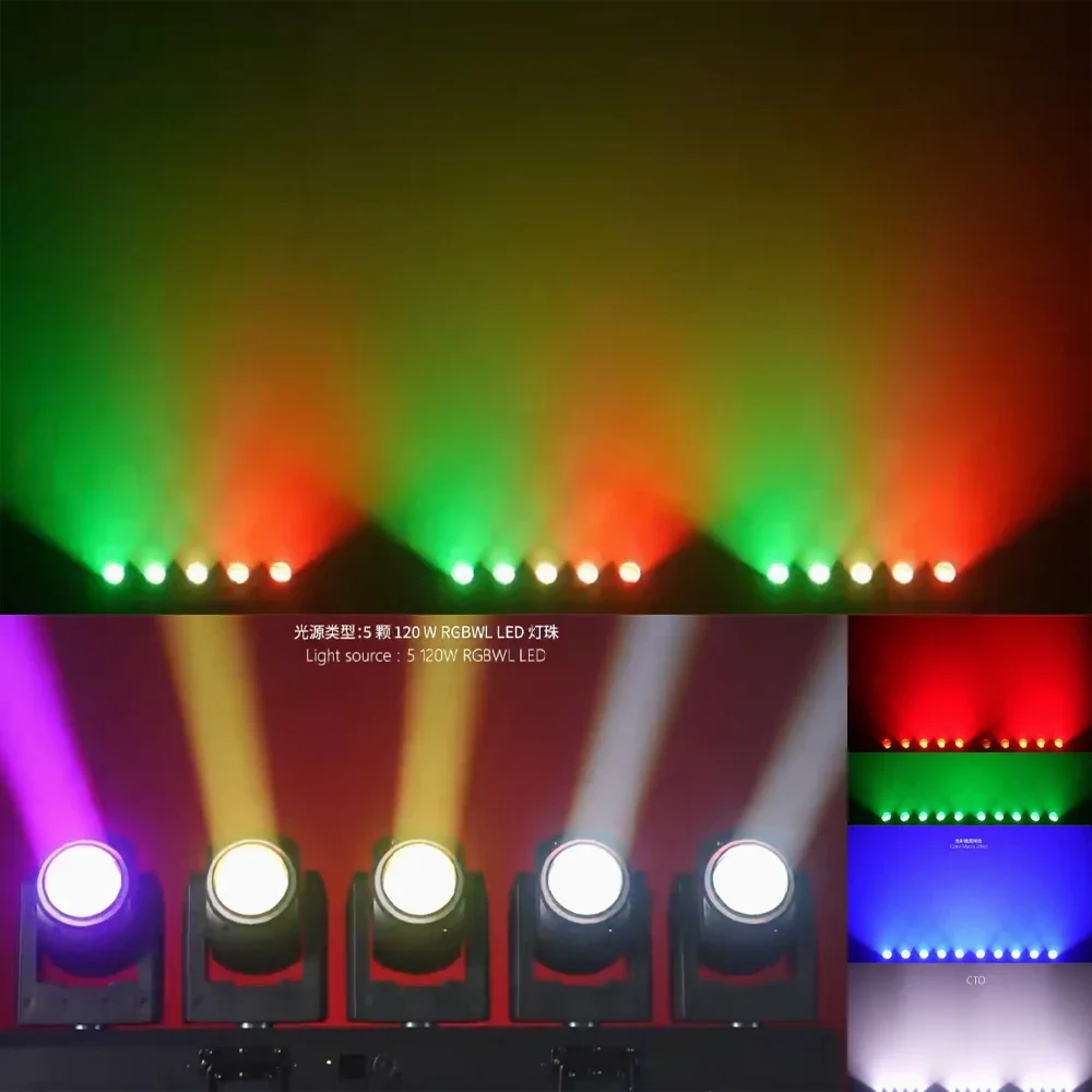 600W RGBW LED Moving Head Beam Light 5-Eyes DJ Lighting Multi-Color Mixing with DMX Control seperately for Club Gig Show