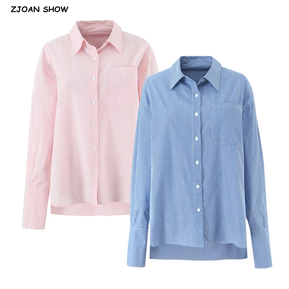 

CHIC Autumn Lapel Blue White Striped Print Long Sleeve Shirt Women Single-Breasted Buttons Side Slit Loose Oversize Blouses Tops