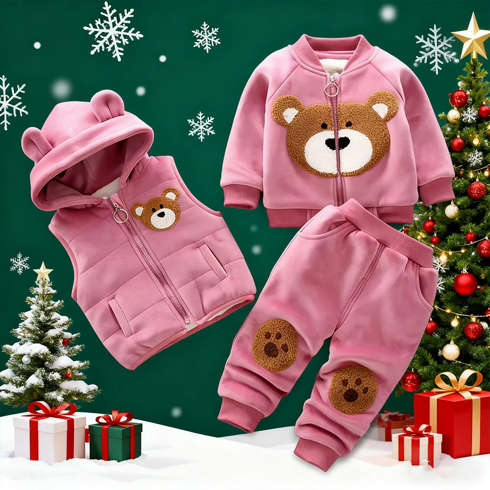 

Autumn Winter New Girls Suit Jacket+Hooded Vest+Pants 3Pcs Sets For Children Thickened Clothing Keep Warm Baby Boy Clothes