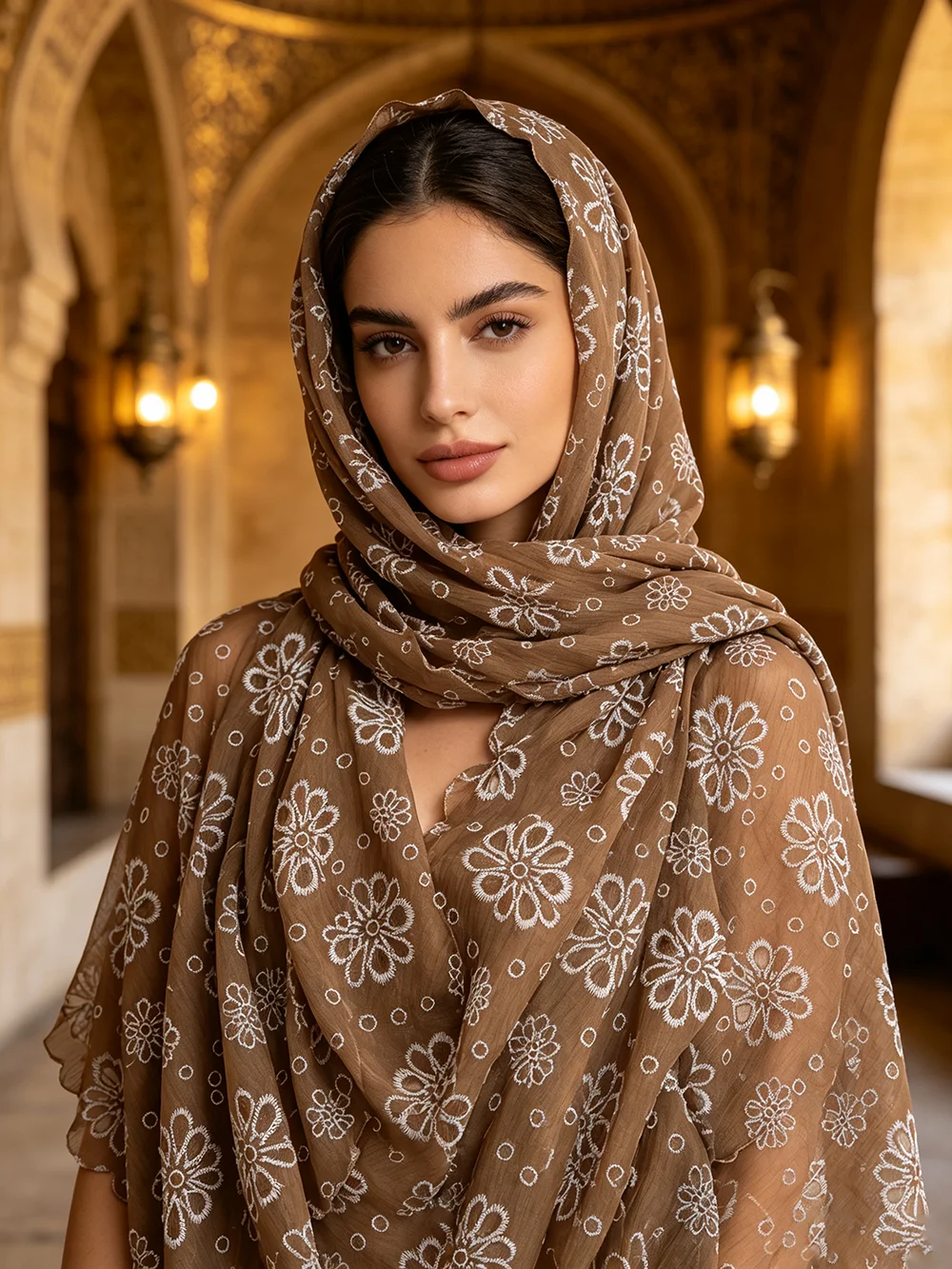 White Floral Embroidery Muslim Hijab Crinkle Fabric Scalloped Lace Edge Islamic Headscarf Elegant Turkey Style Women Shawl