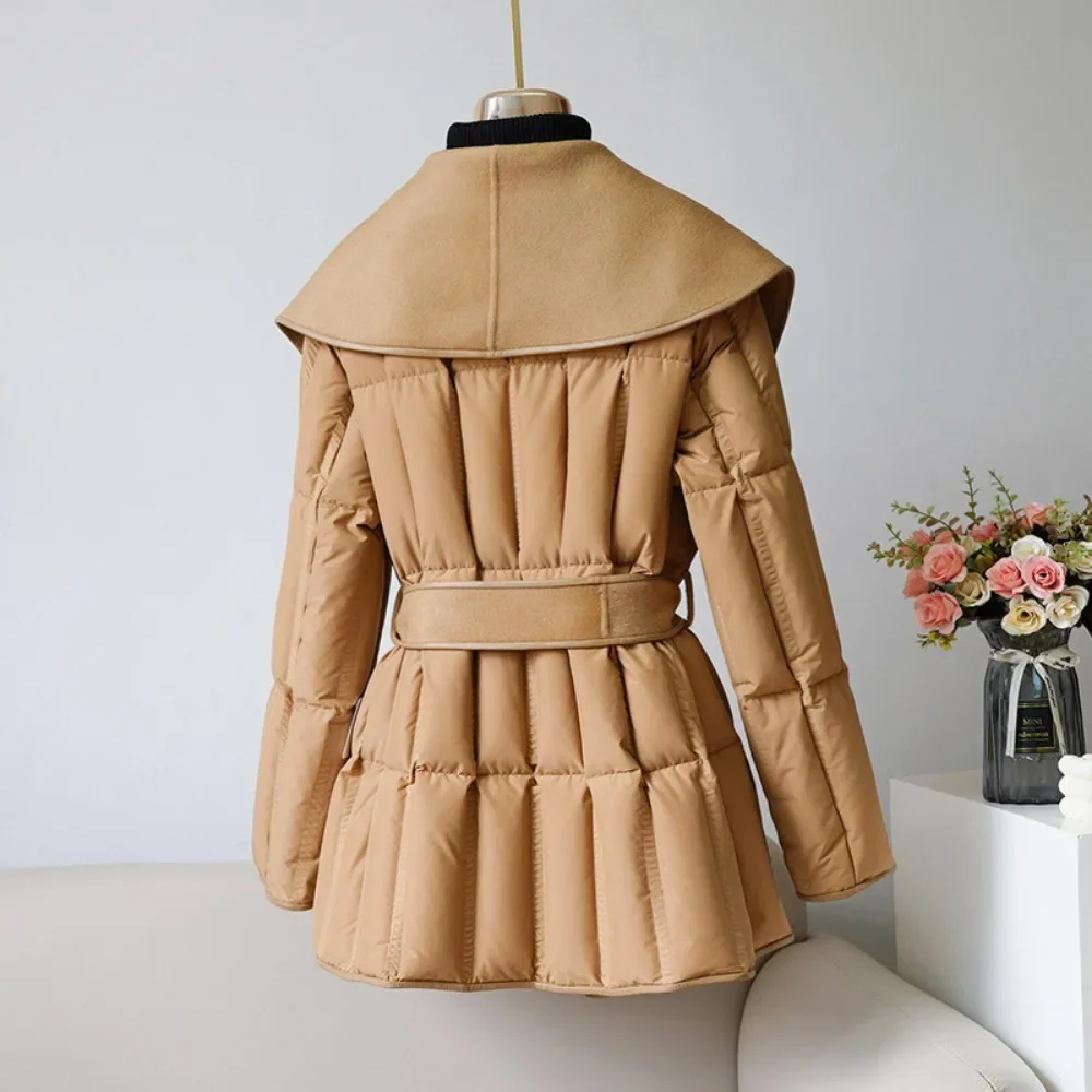 Lady Wool Cashmere Outerwear Lady Puffer Jacket with Belt European Fashion Warm Down Jackets Women 2024 Winter Duck Down Coats