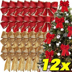 12/1pcs Glitter Bow Gold Red Xmas Tree Ribbon Bowknot Hanging Pendant Ornaments for Christmas New Year Party Home Decor Gifts