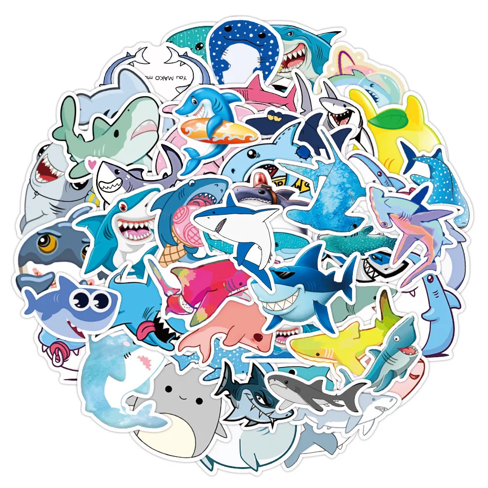 10/30/50PCS Cute Shark Sticker Cartoon Kids Toy Decals Gift Waterproof PVC DIY Laptop Phone Suitcase Fridge Sticker Wholesale