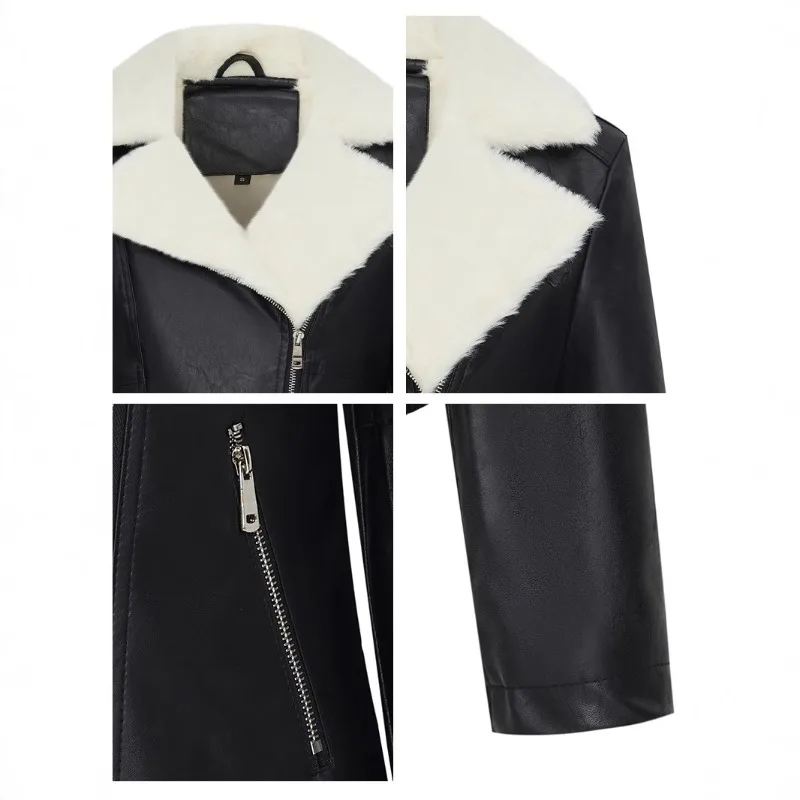 Chaqueta de cuero de moda con chaqueta de abrigo gruesa de lana nueva chaqueta de cuero corta transfronteriza de invierno para mujer