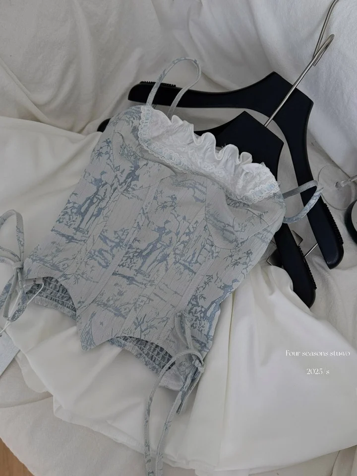 

Sexy Lace Trim Fibone Tie ort Skirt Set Women's Spring Summer Faion Outfit Floral Print Crop Top And ort Skirt Combo