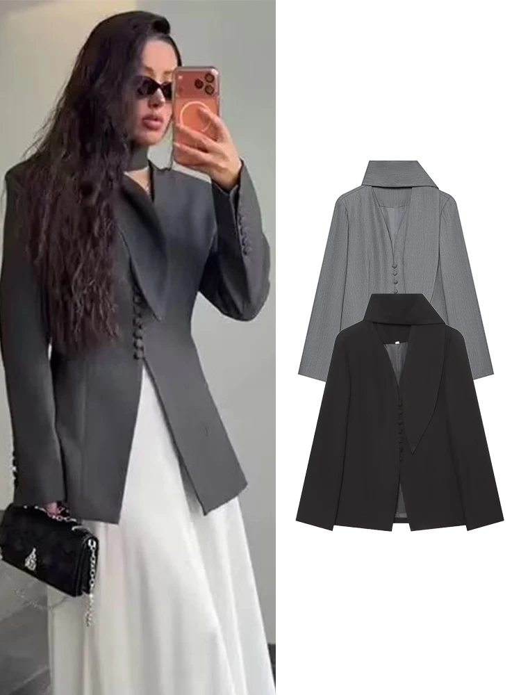 TFMLN Women's Single Breasted Suit Coat V Neck Long Sleeve Waist-Cinching Blazer With Scarf Lady Casual Slim Commute Coats