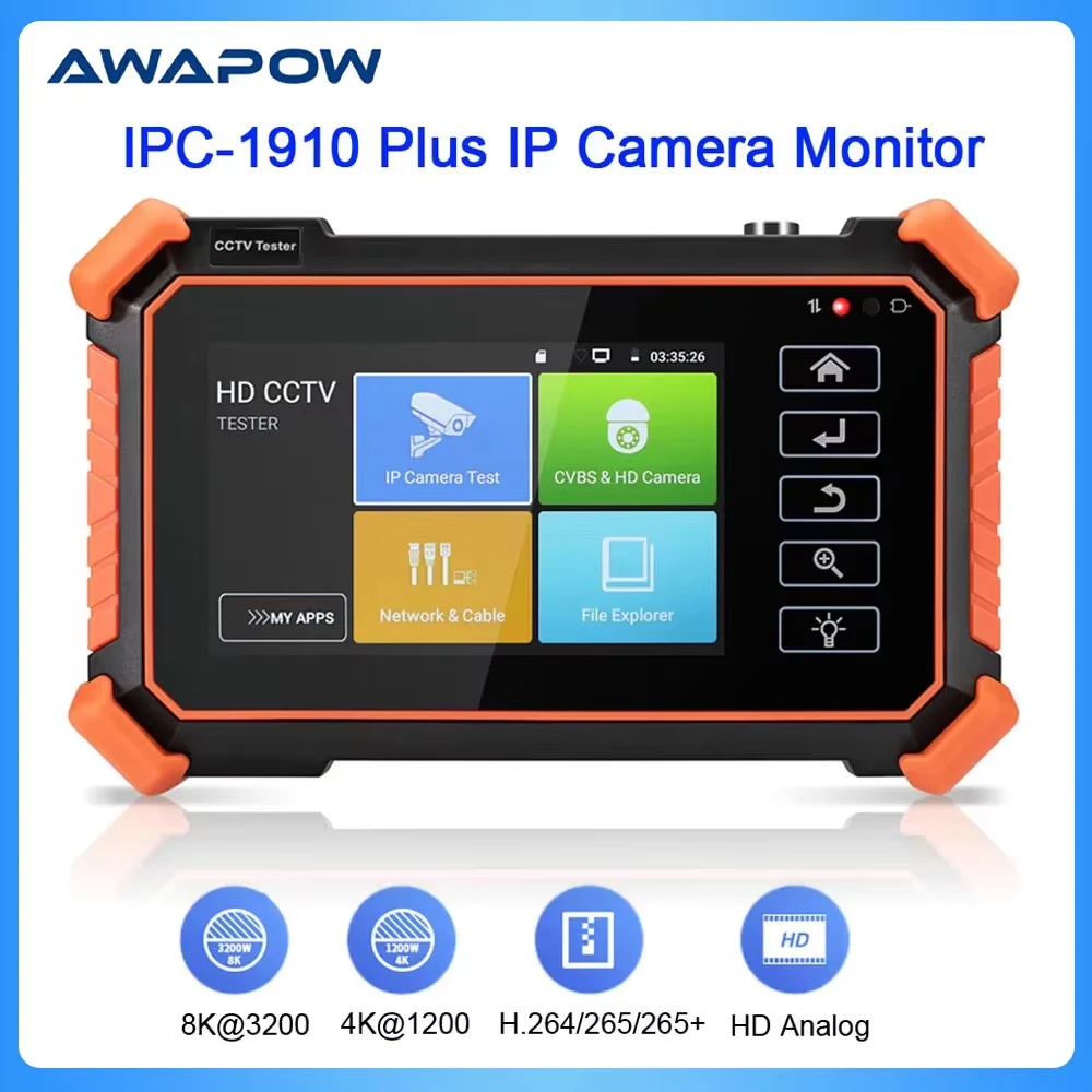 Awapow 4 Inch CCTV Tester IPC-1910 Plus CCTV IP Cameras Tester 8MP CVI TVI AHD Analog POE Digital Cable Tracer Network Tools