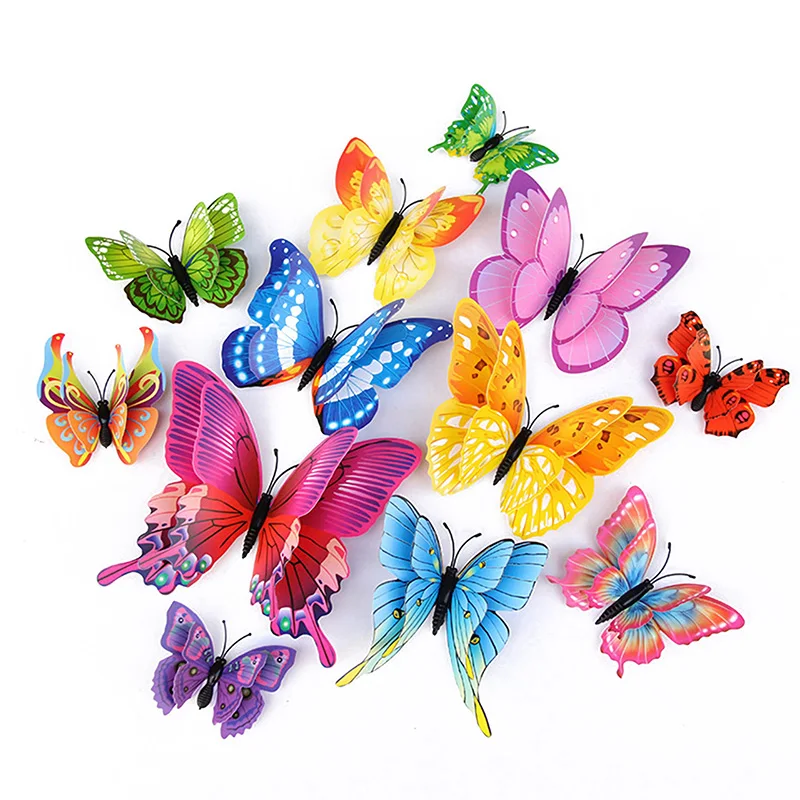 12 PCS 3D Doule Layer Magnet Rainbow Butterflies Wall Refrigerator Stickers DIY Bedroom Living Room Home Wedding Decor Fridge