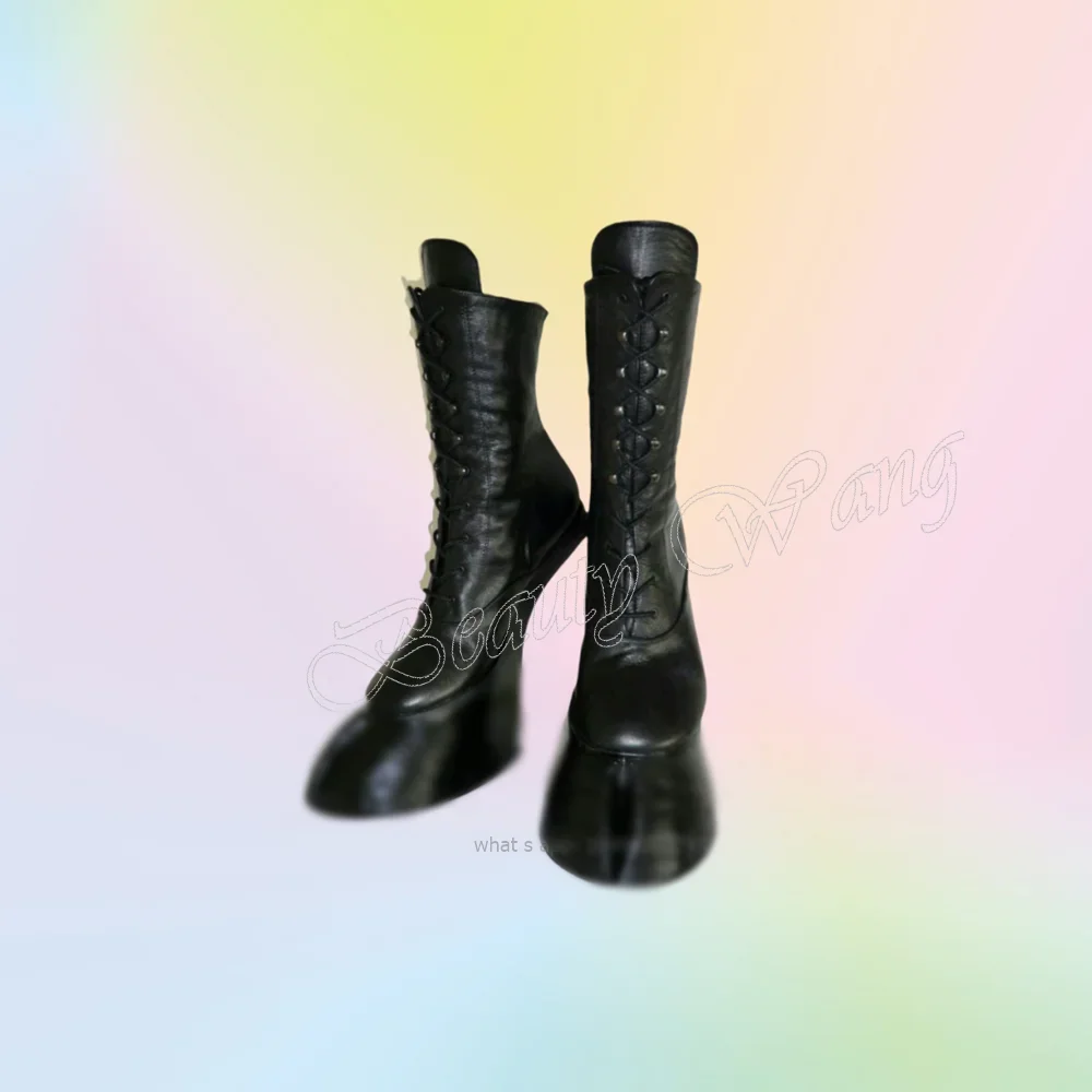 Strange Toe Paardenprof Laarzen Kruisgebonden Geen Hak Platform Vreemde Stijl Zwarte Hoge Hak Schoenen voor Vrouwen 2024 Zapatillas Mujer