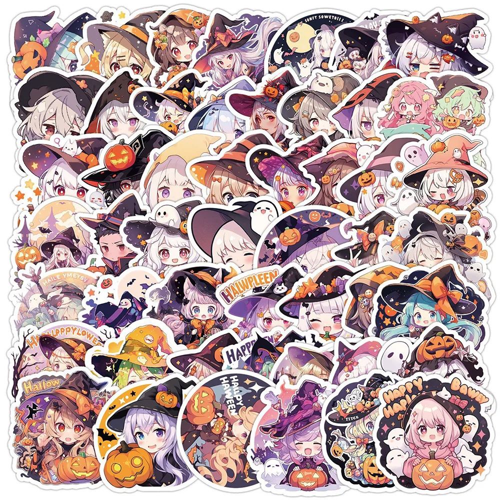 

10/30/50/100pcs Halloween Pumpkin Anime Girls Stickers for Laptop Bicycle Skateboard Waterproof Cool Cartoon Graffiti Decals Toy