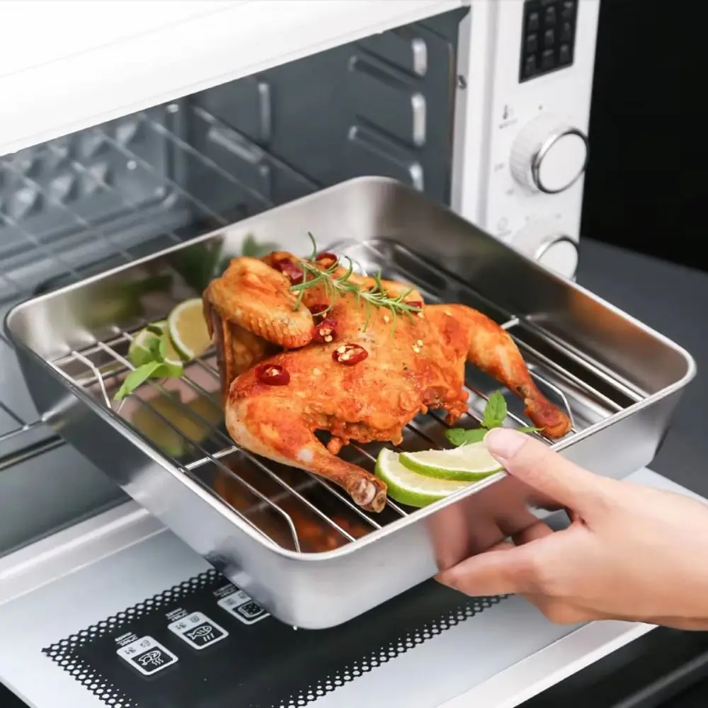 Stainless Steel Roasting Pan Set Non-stick Heat-resistant Baking Tray Mesh Basket Square Roasting Cooking Rack Baking Cooker