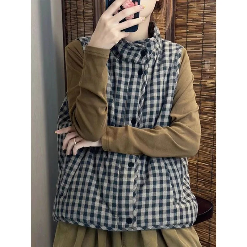 

Женский утепленный жилет больших размеров (до 300 фунтов), корейский стиль, хаки, в клетку, с воротником-стойкой, хлопковый, простой модный жилет-куртка на осень-зиму