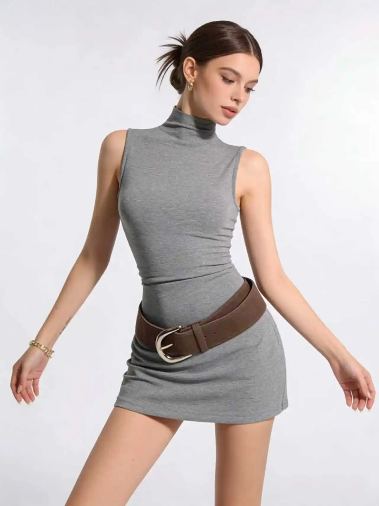 

Женское серое мини-платье для вечера, винтажное, элегантное, без рукавов, с воротником-стойкой, облегающее, цельное, весенне-летняя одежда 2026