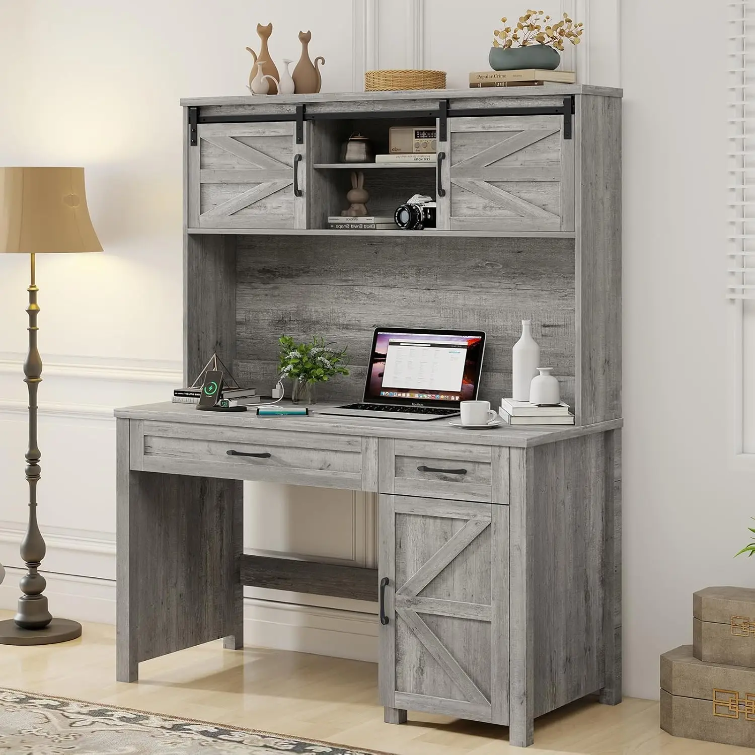 مكتب تنفيذي Farmhouse 47، مكتب كمبيوتر مزود بأدراج وخزانة، مساحة عمل للمكتب المنزلي مع محطة شحن (رمادي) #6