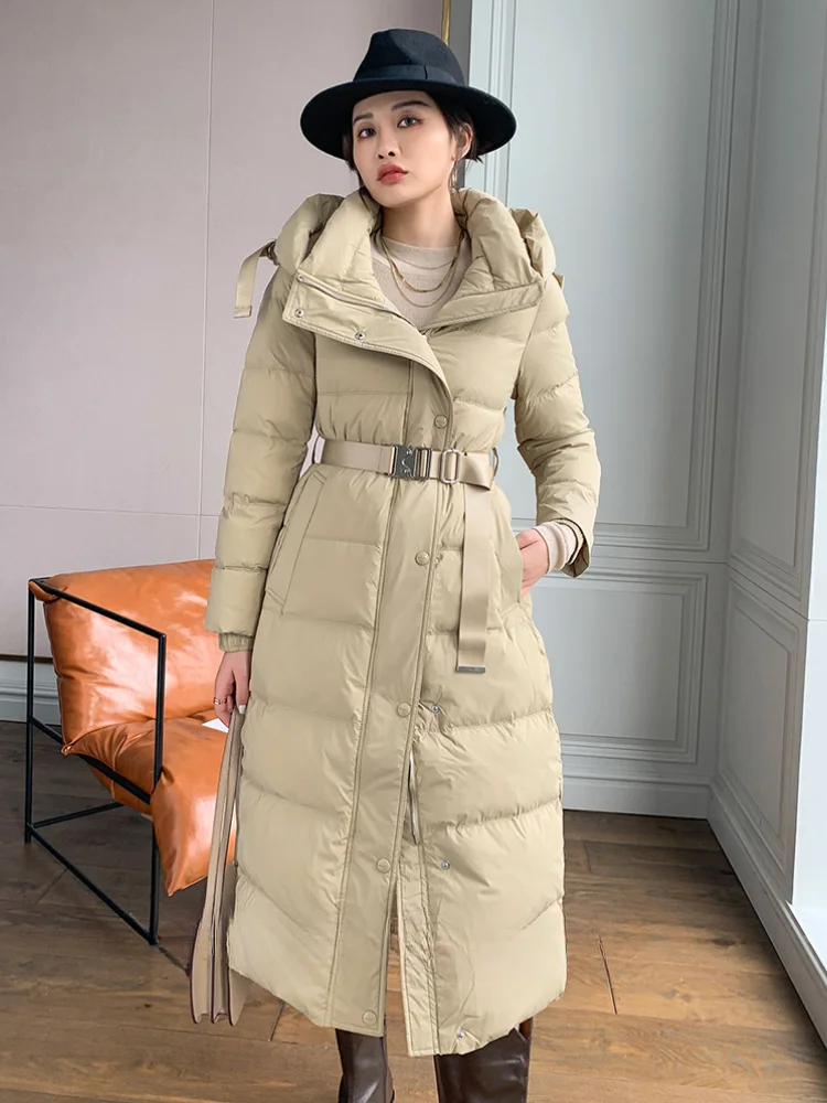 Women\'s Long Coats Down Fashion White Duck Down Coats with Belt  Slim Solid Color Oversized Thickened Warm Hooded Down Jacket