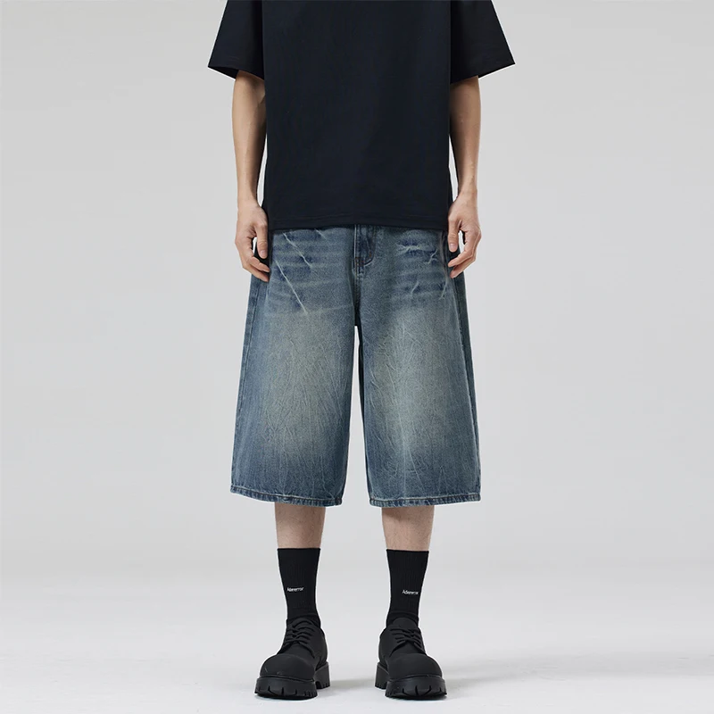 

2025 Summer American Lightning Crack Black Grey Jeans Men's Straight Tube Loose Wide Leg Shorts Y2k Street Hip Hop Sevens