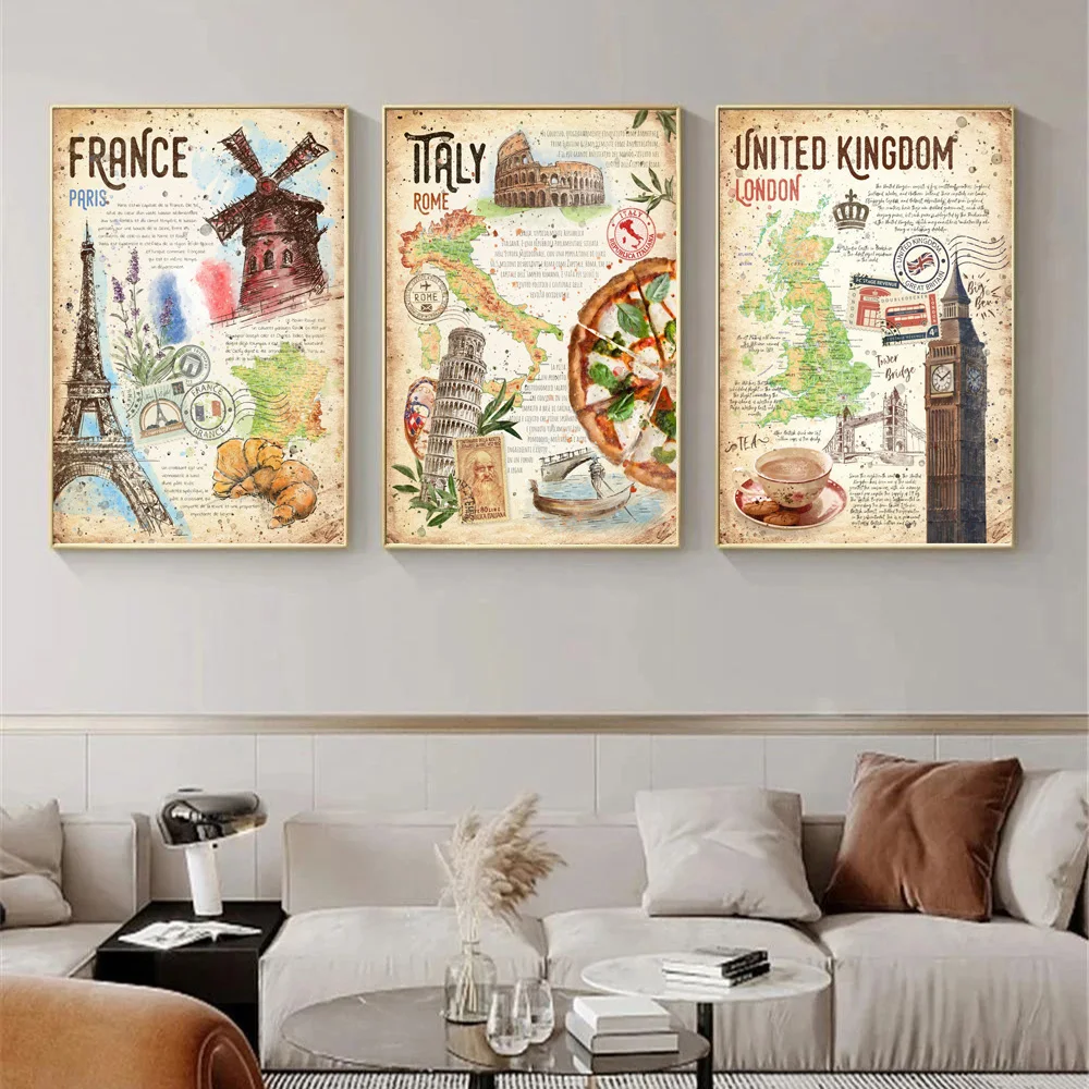 World Travel Various Country Posters And Prints France Landscape Map Canvas Art Spain Culture Food Brief Decor Wall Painting