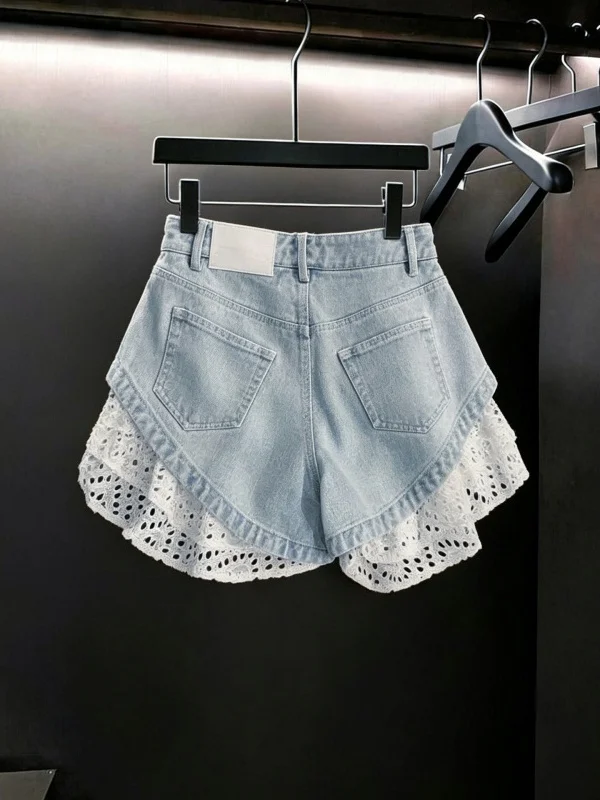 High Waist Lace Splice Washed Denim Shorts Women's Light Color Slimming Short Length Hot Pants Korean Style Commute Casual Su... image 4