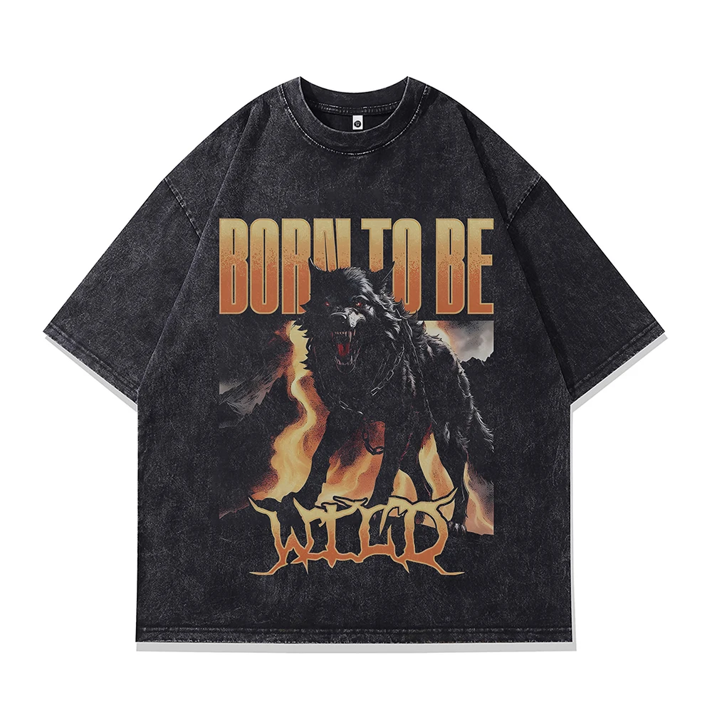 

Men‘s Gothic Anime Graphic T Shirt Evil Wolf Print Y2k Oversized T-shirt Short Sleeve Tee Harajuku Vintage Washed Cotton Tops