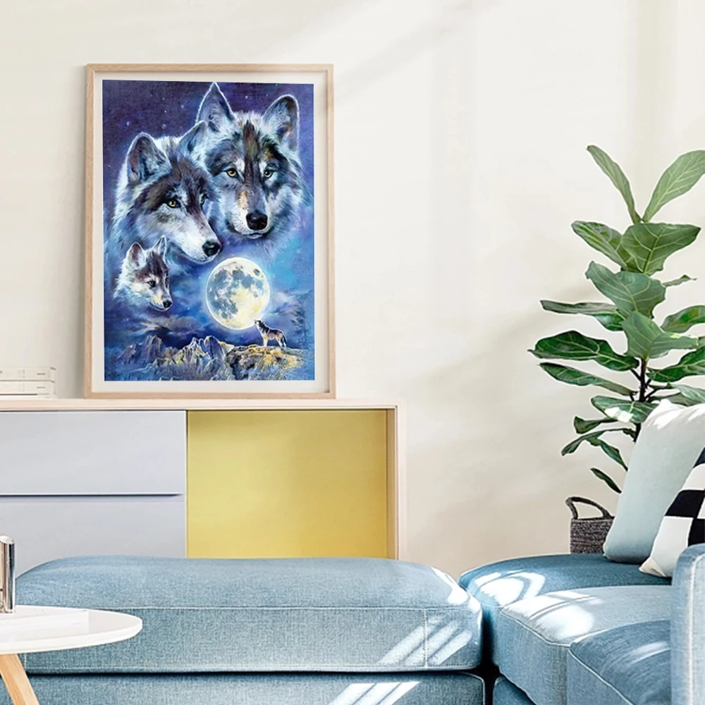 Huacan Diy Diamond Mosaic Animal Wolf Home Rhinestones Decoration Full Square Round Drill Painting Moon Gift Craft Kit
