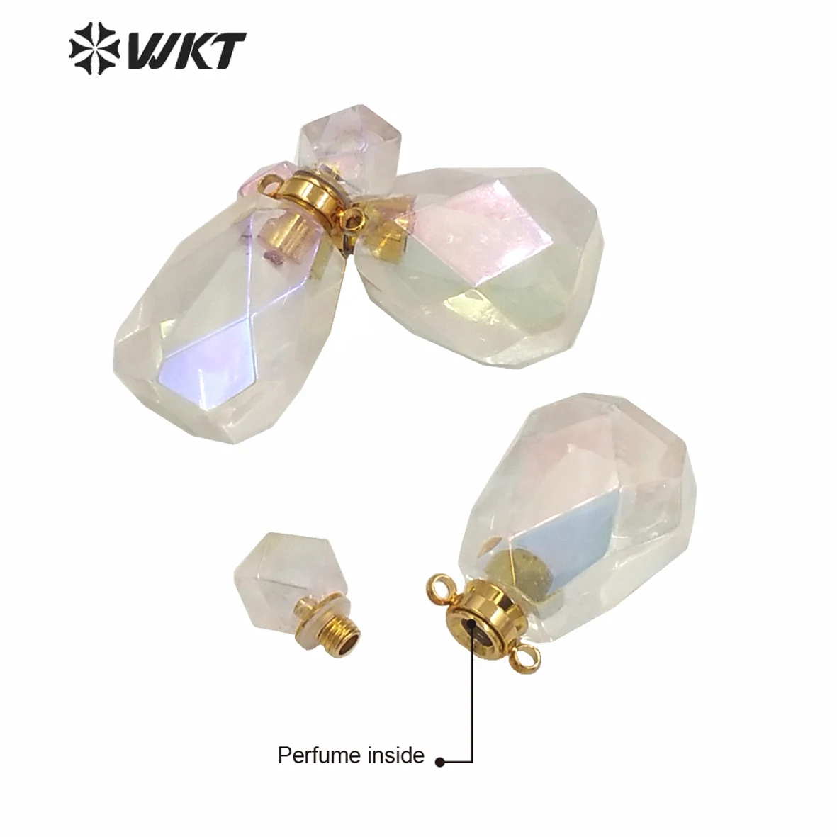 WT-P1593 WKT Exclusive New Amazing Gold Aura Crystal Quartz Faceted Perfume Oil Pendant Hotsale Women Angel Color Bottle