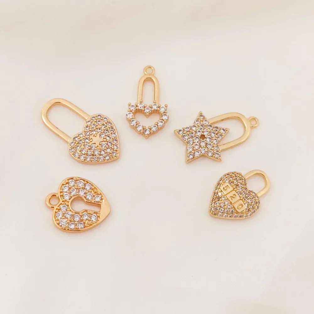 

Zirconium-inlaid Heart Lock-shaped 14K Gold-plated Color Retention 520 Heart Five-pointed Star Lock Pendant Diy Jewelry Accessor