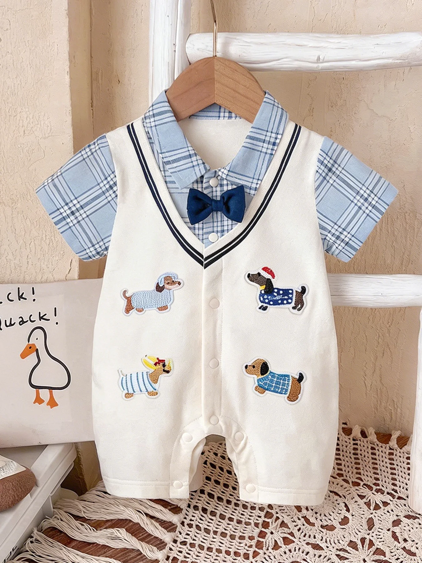 Cute Puppy-Printed Baby Boy Romper for Spring/Summer with Front Snaps—Stylish Outfit for 0–12 Months Old Babies at Parties