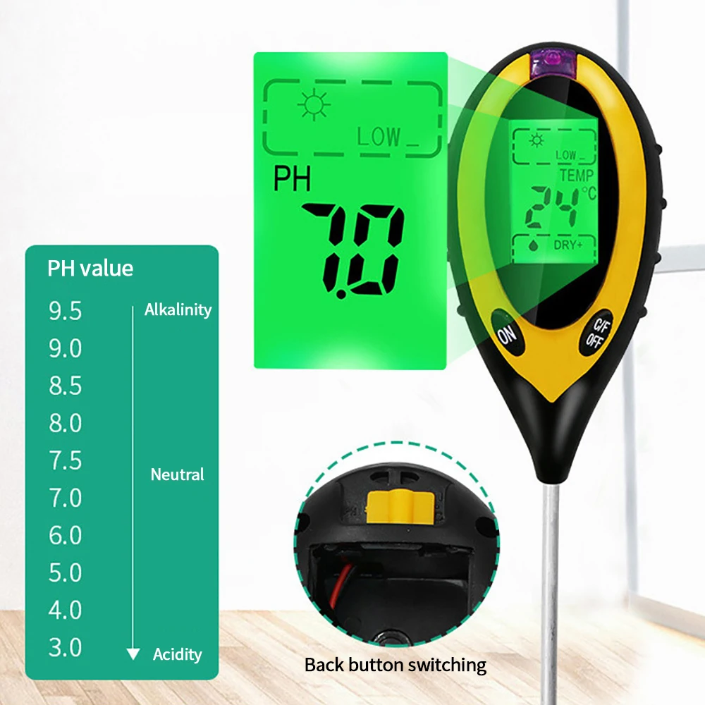 4 in 1 Soil PH Meter Tester Soil Tester PH Moisture Meter Temperature Sunlight Intensity Measurement Analysis Soil Acidity Test