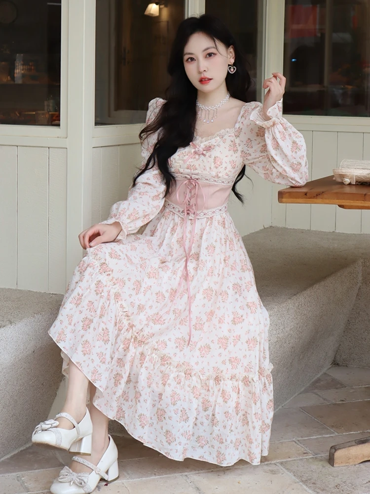 2023 Spring Pink Floral Elegant Dress Women Bandage Lace Print Sweet Vintage Dress Puff Sleeve Kawaii Dress Women Princess Fairy