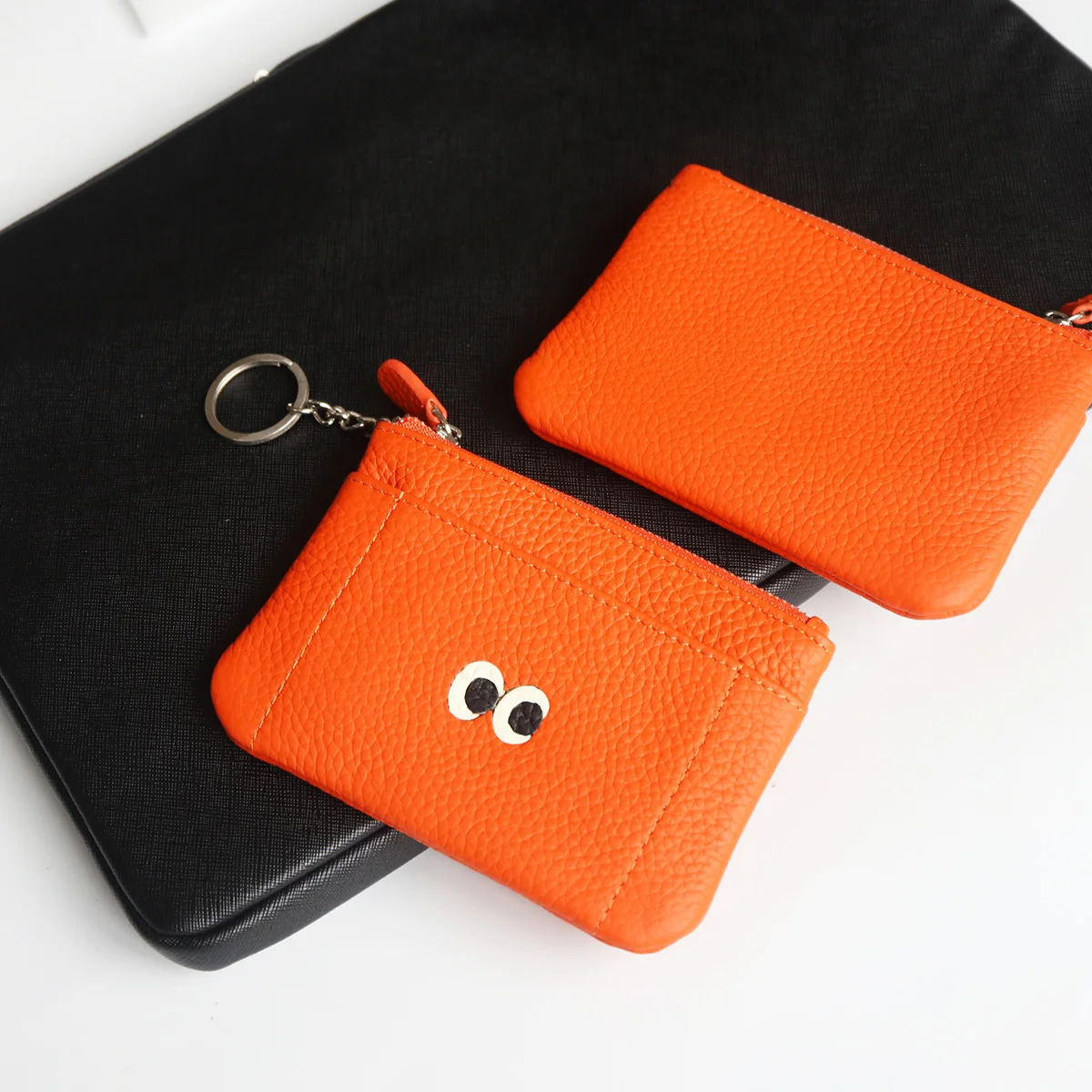 Fancy Carton Genuine Leather Small Wallet Fashion Eyes Look Zip Women Keychain Coin Purse Cute Small Girl Change Money Bag