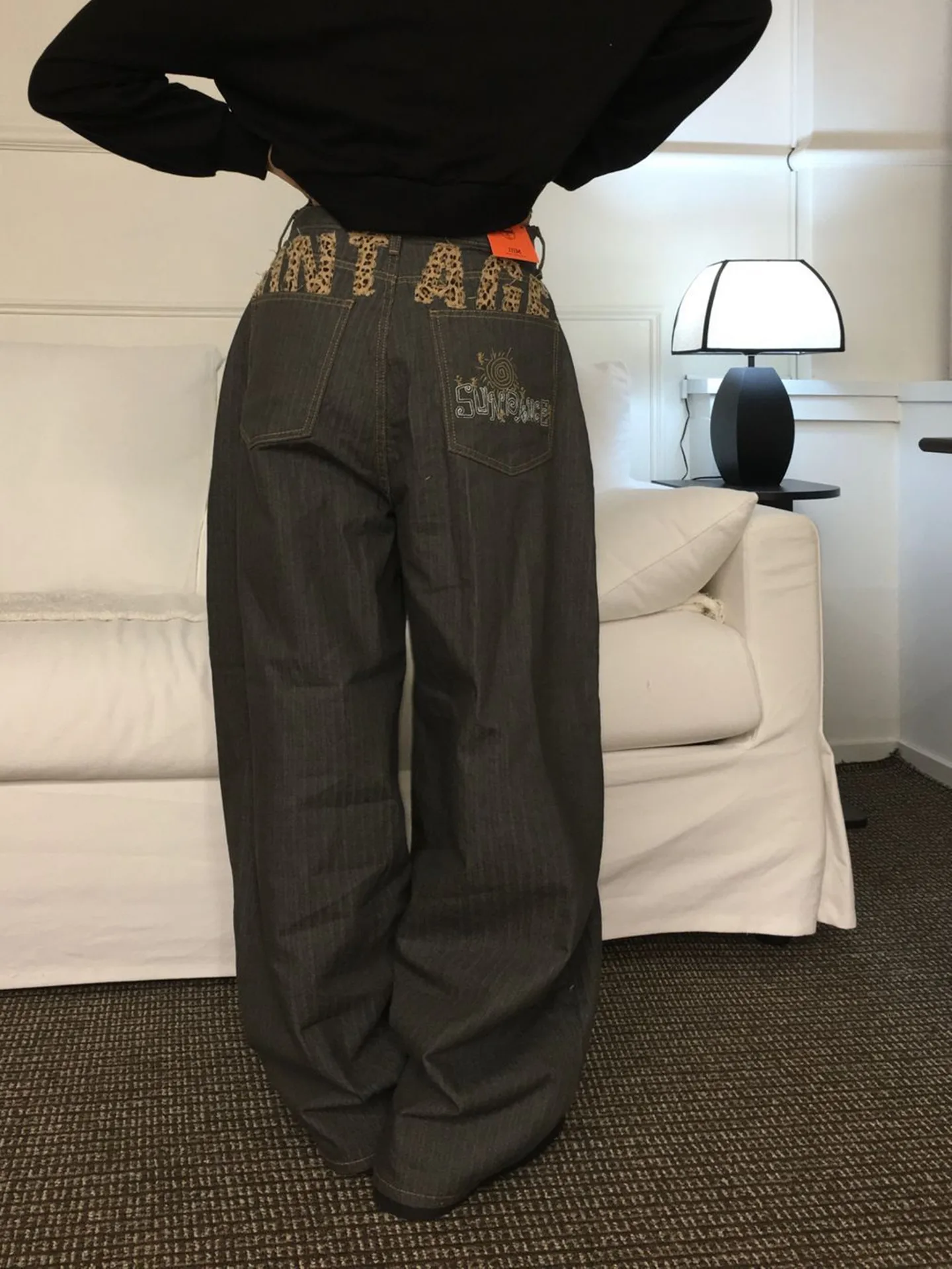 

Retro Korean Style High Waist Denim Jeans Letter Patchwork Casual Leopard Print Loose Fit Versatile Women's Autumn Jeans
