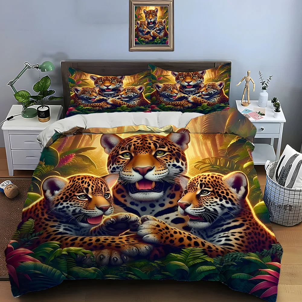 Jaguar family in the forest Print Soft Comfortable Duvet Cover Bedding Set Included 1*Duvet Cover  2*Pillowcases Luxury gifts