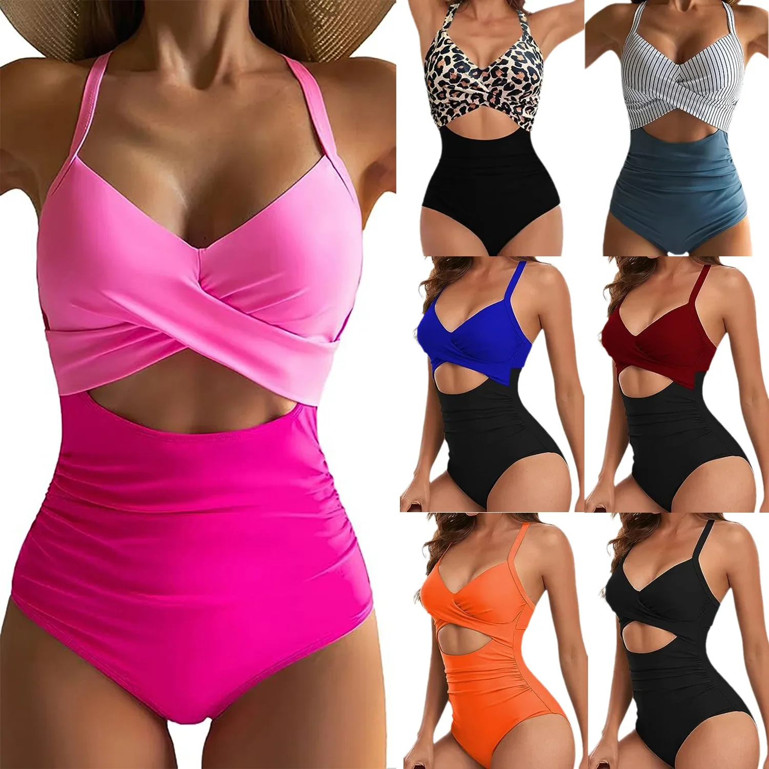 Traje de baño de una pieza con estampado sexy para mujer, bikini sin espalda con efecto tie-dye, diseño de leopardo cruzado, traje de baño femenino.
