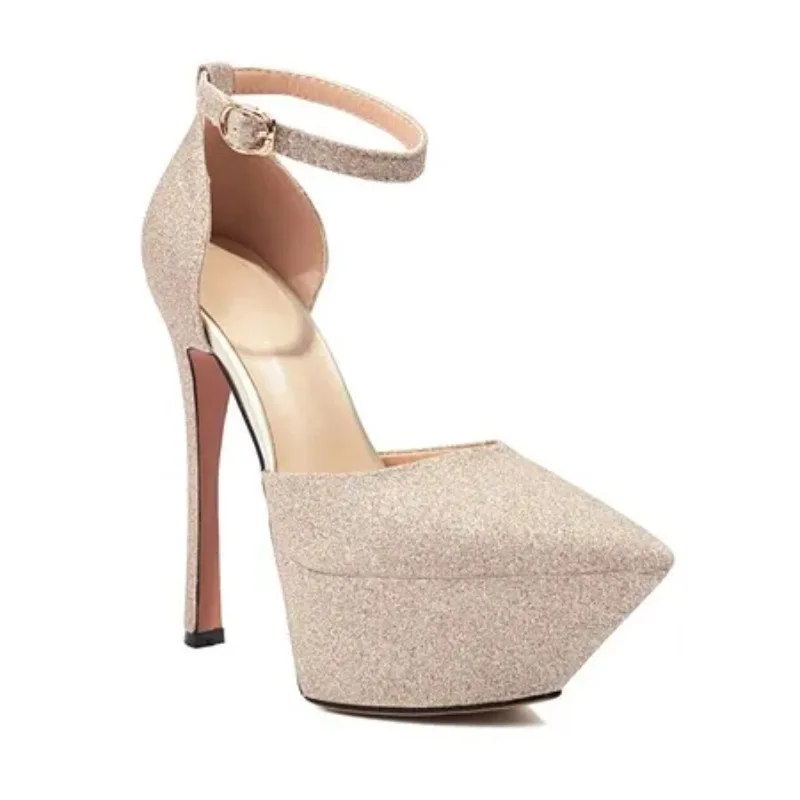 Sexy Buckle Strap Platform Wedding Round Toe Women Pumps Very High Heel Stripper Club Shoes Size 34-43