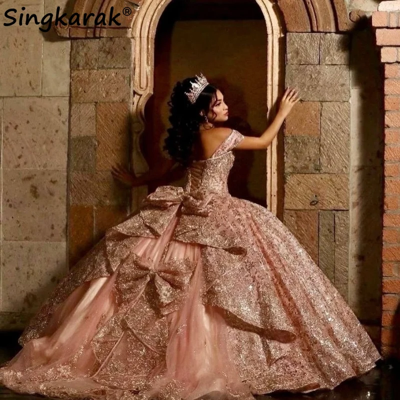 Sparkly Rose Pink Princess Quinceanera Dresses With Bow Ball Gown Glitter Appliques Crystals Beads Sweet 15th Dress Customized